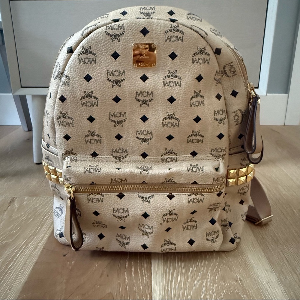 MCM Stark Medium Backpack Visetos Beige Leather Gold Hardware Authentic